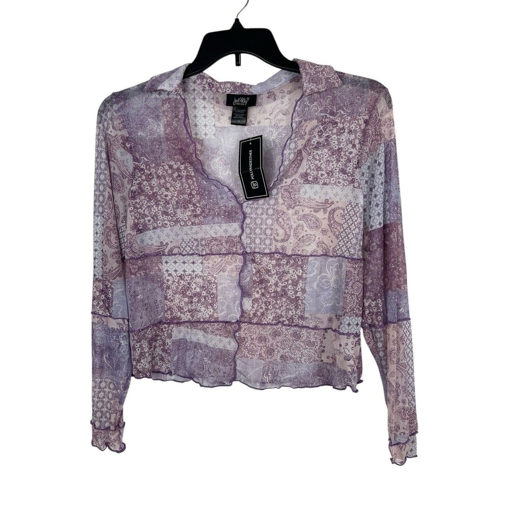 Y2K Just Polly Soft Mesh Sheer Patchwork Purple Long Sleeve Cropped Top 1X NWT
